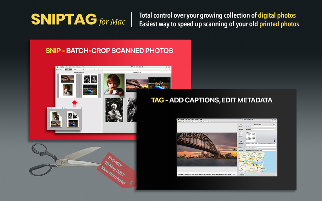 sniptag app crop scanned photos edit metadata