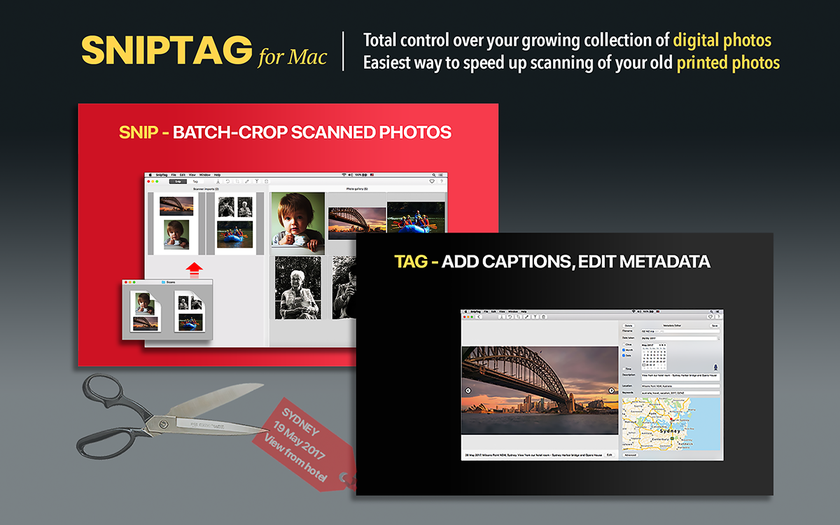 sniptag app crop scanned photos edit metadata