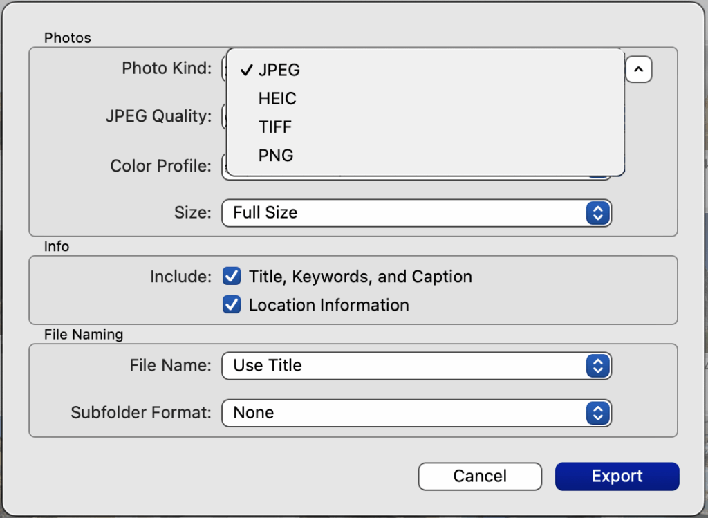 Export options dislog box in Photos on Mac