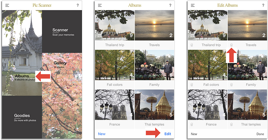 how to delete albums from pic scanner gold app